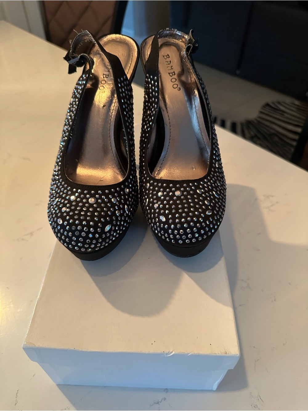 BAMBOO Black Crystal-Embellished Slingback Heels
